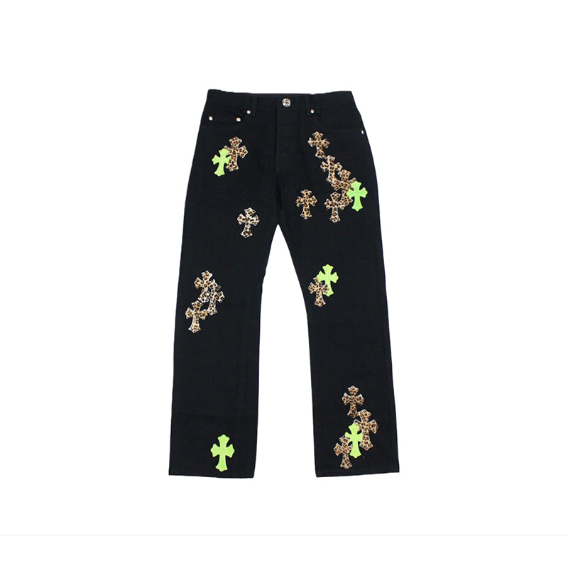 Chrome Hearts Green & Leopard Cross Jeans